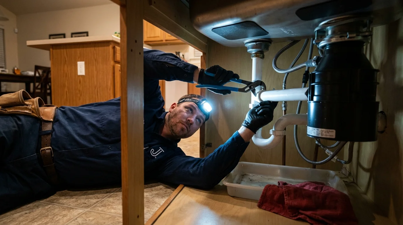 P-trap and supply line connections under a kitchen sink showing a common leak point in Lincoln, MT